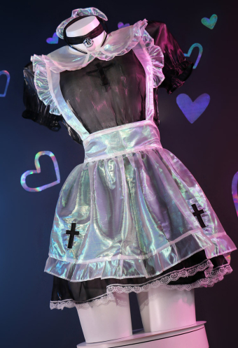 Gothic Maid Sexy Translucent Cross Print Decoration Maid Costume Dress Apron with Headband Choker
