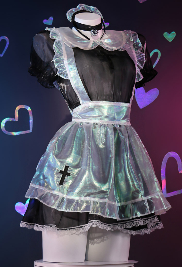 Gothic Maid Sexy Translucent Cross Print Decoration Maid Costume Dress Apron with Headband Choker