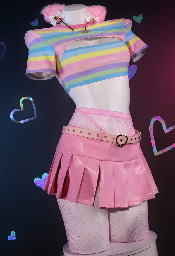 Sexy Rainbow Chest Cutout Crop Top and Mini Skirt with Fishnet Stockings and Thong