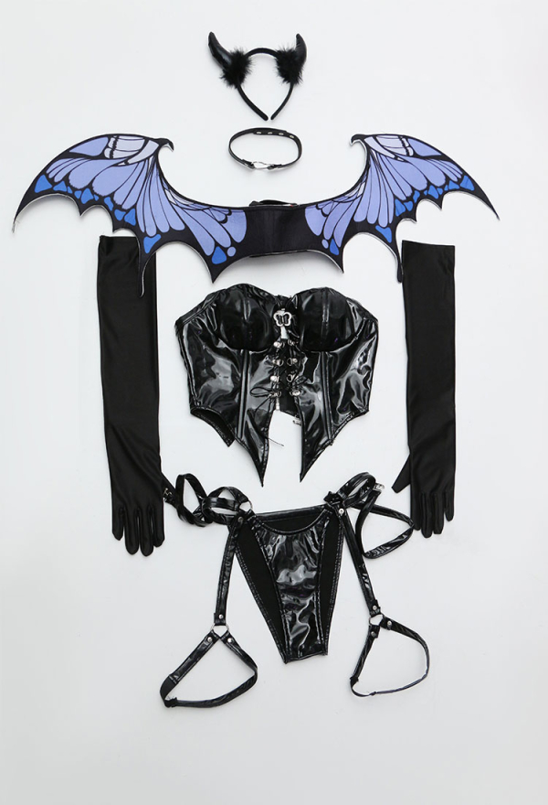 Little Devil Butterfly Black Sexy Lingerie Set Gothic Halter Lace-up Top and Thong with Wings and Gloves