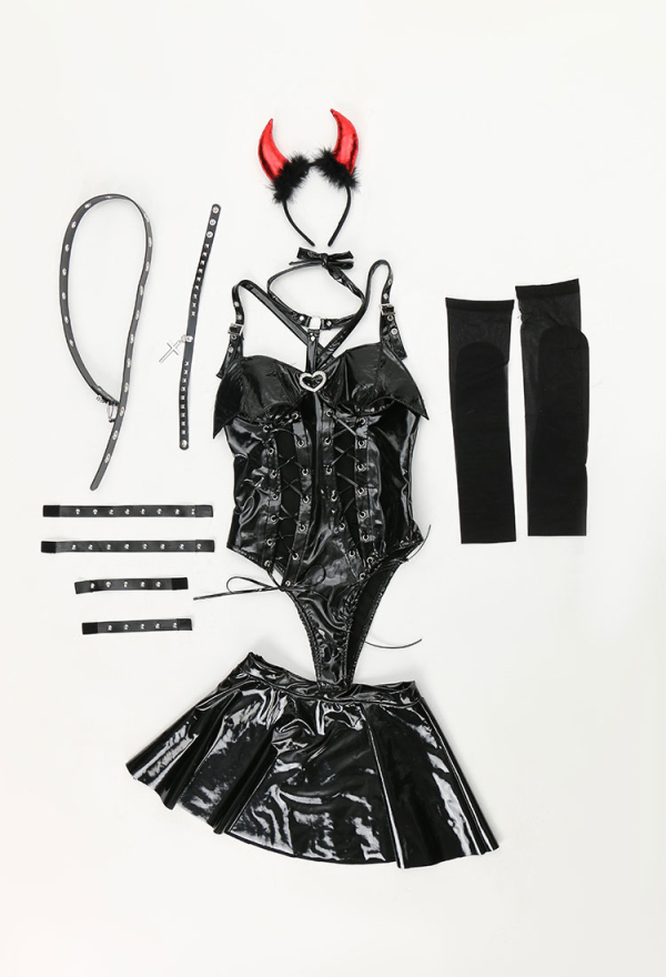 Dark Devil Sexy Black Bat Wings Halter Lace-up Bodysuit and Skirt Set with Stockings and Headband