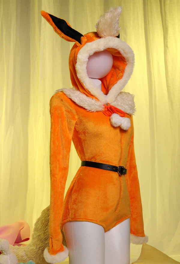 Fire Fox Red Sexy Romper Bodysuit Plush Hooded and Socks with Belt and Tail