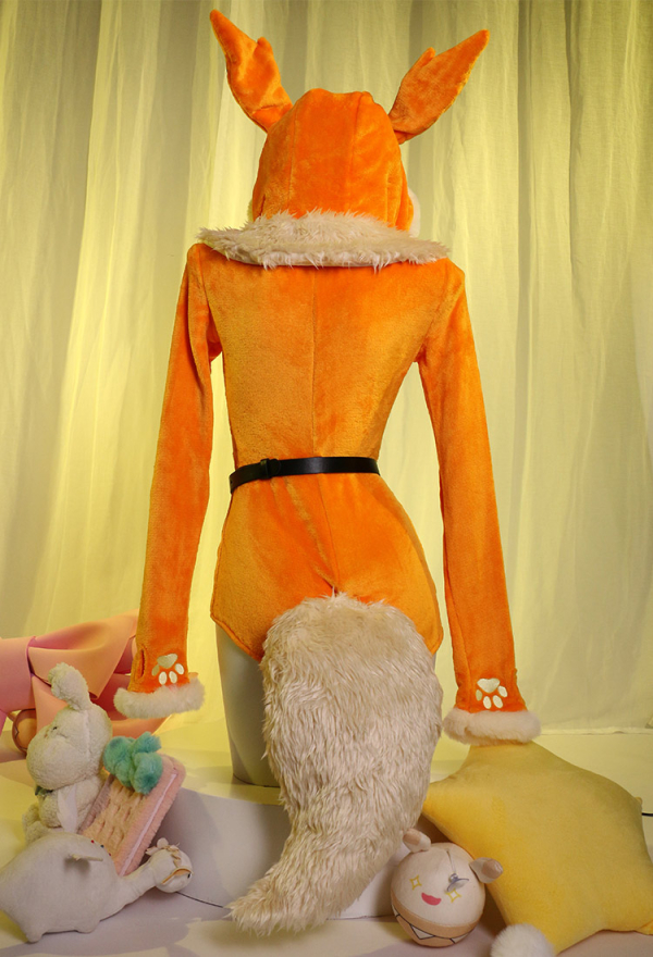 Fire Fox Red Sexy Romper Bodysuit Plush Hooded and Socks with Belt and Tail