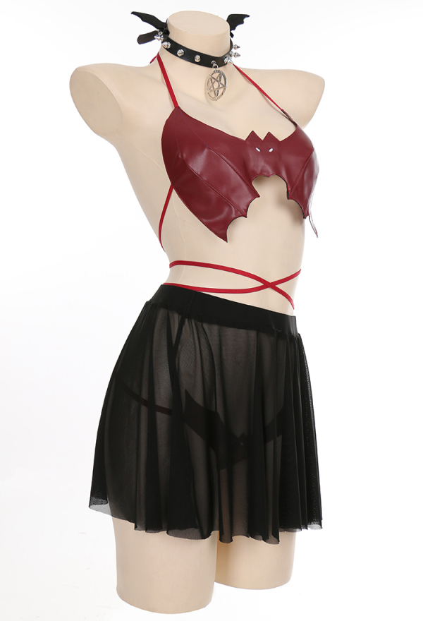 Dark Little Bat Top And Panty Erotic Lingerie Burgundy PU Leather Sexy Lingerie Set