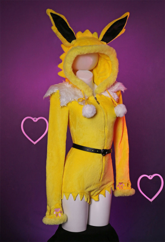 Thunder Fox Yellow Sexy Romper Bodysuit Plush Hooded and Socks with Belt and Tail