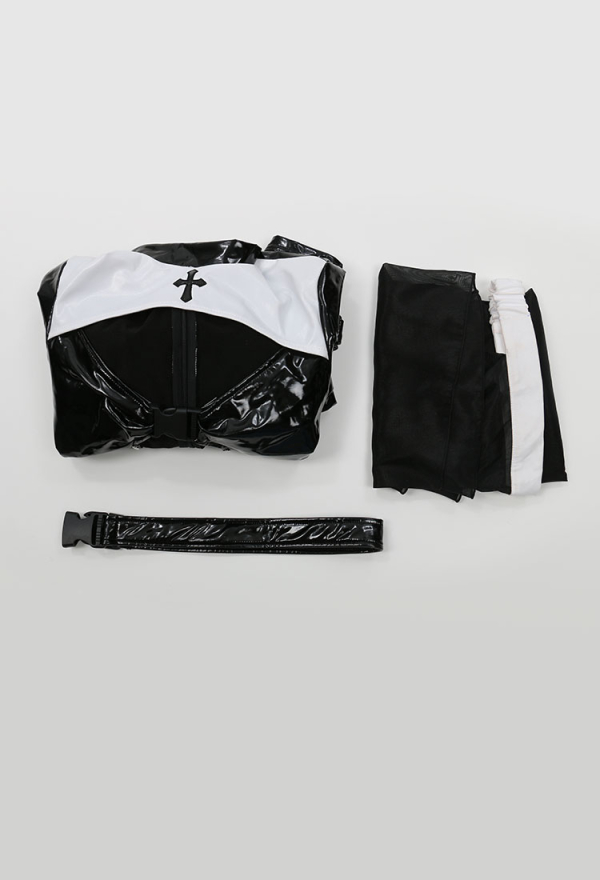 HOLY LOVE Gothic Punk Nun Uniform Sexy Bodysuit PU Leather Black Cut-out Bodysuit