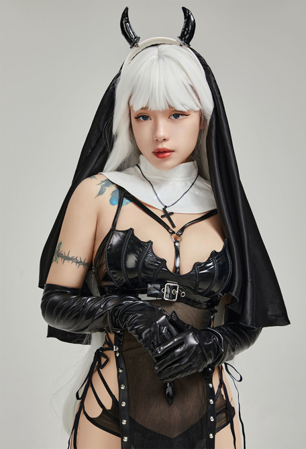 HOLY LOVE Gothic Wicked Nun Uniform Sexy Lingerie Set Black Mesh Dress with Gloves and Pantyhose