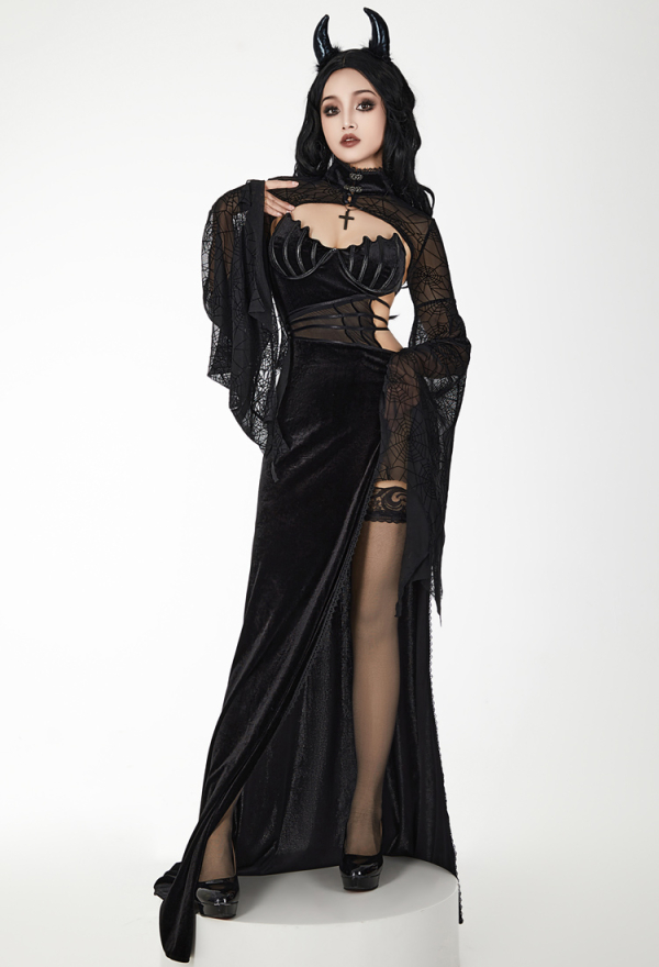 SPELL ON YOU Gothic Terror Witch Halloween Dress Black Mesh Spider Web Design Flared Sleeves Dress