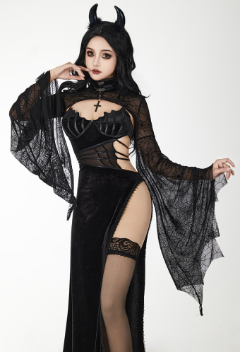 SPELL ON YOU Gothic Terror Witch Halloween Dress Black Mesh Spider Web Design Flared Sleeves Dress