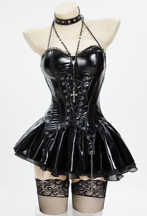 Miss Misa Gothic Corset Camisole and Skirt Set Black Lace-up Corset Style Top and Skirt with Net Stockings and Sleeves