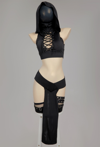 DARK BREATHE Gothic Dark Ninja Theme Lingerie Set Sexy Black Ninja Set with Thigh Harness