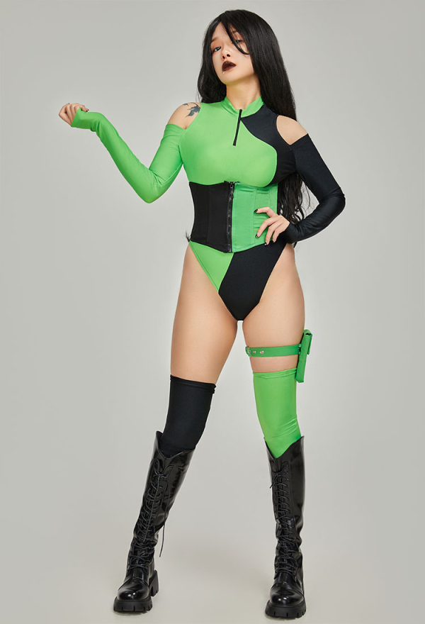 Green Menace Gothic Sexy Bodysuit Set Black and Green Color Clashing Bodysuit with Corset