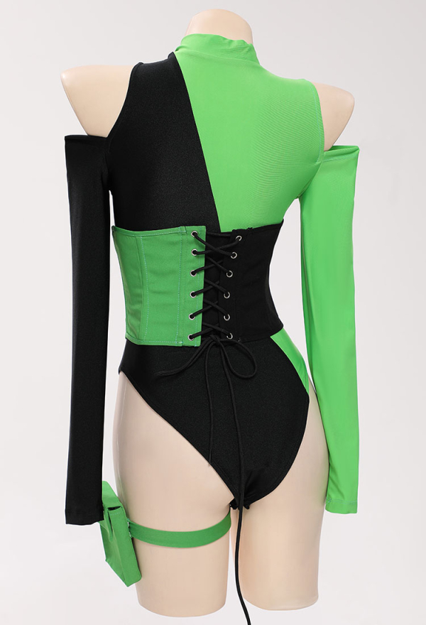 Green Menace Gothic Sexy Bodysuit Set Black and Green Color Clashing Bodysuit with Corset