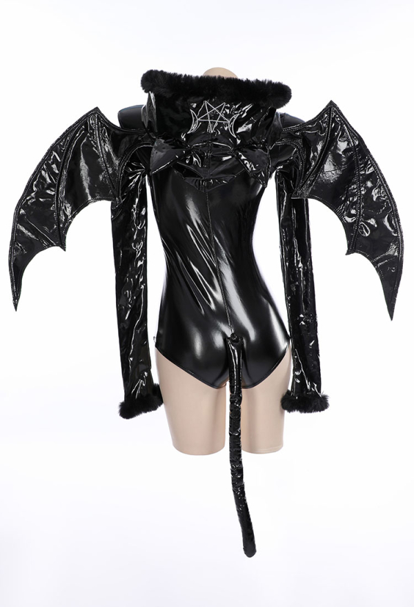 AFTER DUSK Gothic Sexy Bat Style Lingerie Set Black Patent Leather Bodysuit with Wings