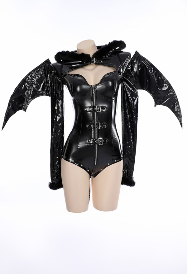 AFTER DUSK Gothic Sexy Bat Style Lingerie Set Black Patent Leather Bodysuit with Wings
