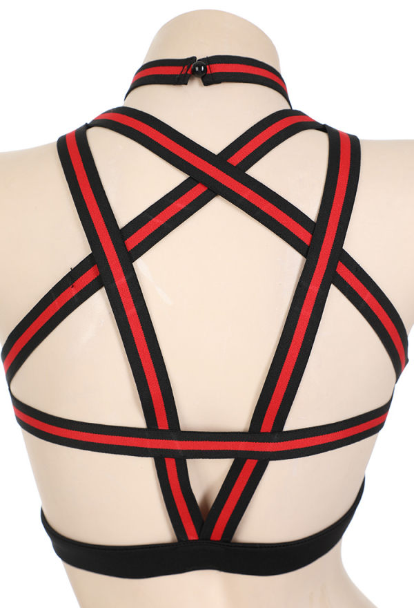Demon Cheerleader Sexy Gothic Lingerie Set Red Pentagram Design Top Bra and Skirt Set