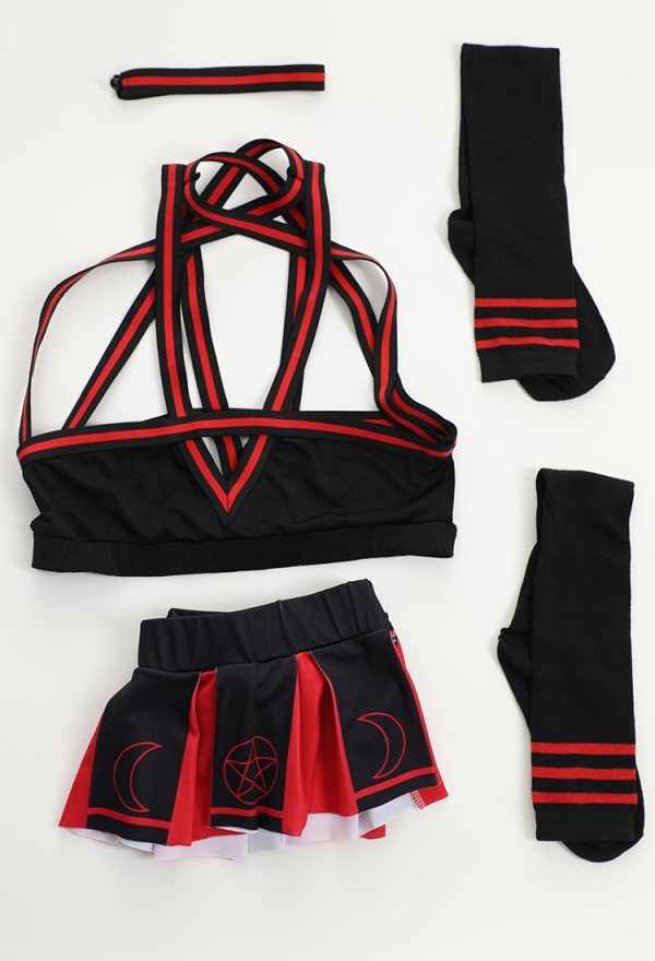 Demon Cheerleader Sexy Gothic Lingerie Set Red Pentagram Design Top Bra and Skirt Set