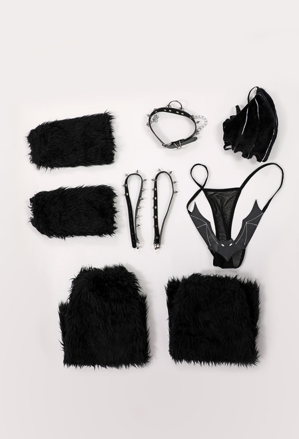 AFTER DUSK Gothic Bat Theme Sexy Lingerie Set Black Bat Style Lingerie with Furry Wrist Cuffs and Leg Cuffs