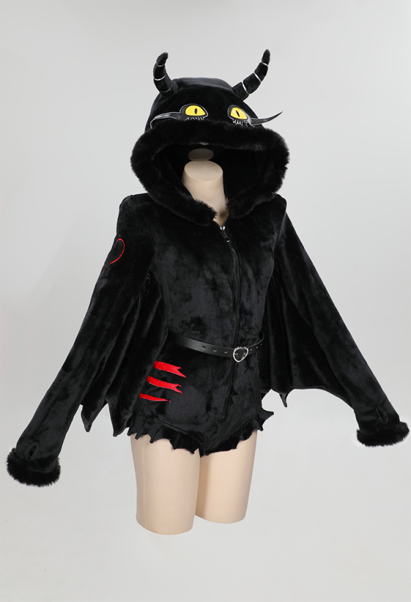 Killing Demon Gothic Hooded Loungewear Black Demon Style Bodysuit with Stockings