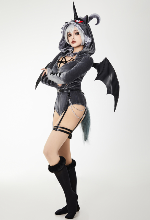 AFTER DUSK Gothic Dark Style Bodysuit Sexy Plush Hooded Romper with Detachable Wings