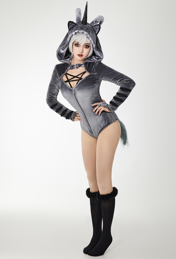 AFTER DUSK Gothic Dark Style Bodysuit Sexy Plush Hooded Romper with Detachable Wings