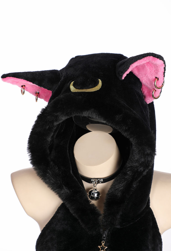 Moon Cat Sexy Lingerie Bodysuit Black Plush Hooded Romper with Belt and Tail