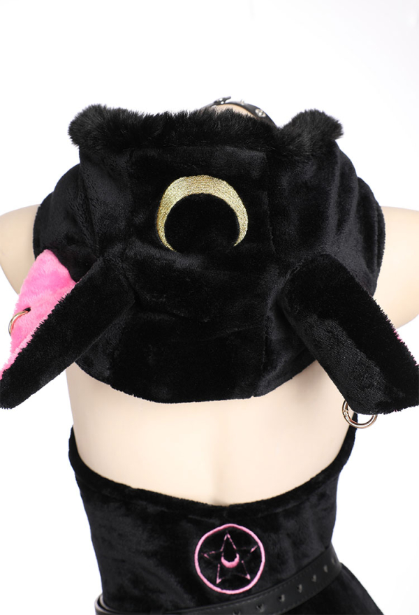 Moon Cat Sexy Lingerie Bodysuit Black Plush Hooded Romper with Belt and Tail