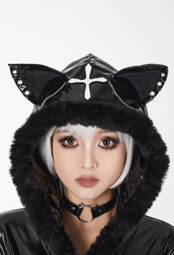 AFTER DUSK Gothic Sexy Cat Style Lingerie Set Black Patent Leather Bodysuit