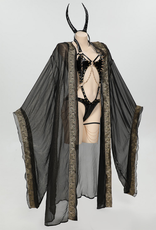 Toxic Spells Gothic Evil Mage Style Lingerie Set Black Bodysuit with Mage Robe