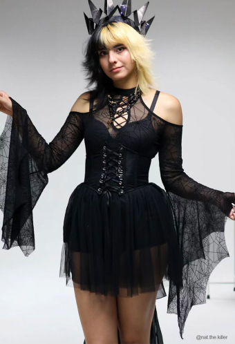 PRETTY CRAWLER Gothic Sexy Bodysuit Black Spider Web Off-shoulder Long Sleeves Lingerie with Trailing Corset