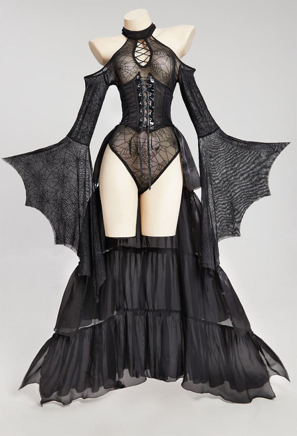 PRETTY CRAWLER Gothic Sexy Bodysuit Black Spider Web Off-shoulder Long Sleeves Lingerie with Trailing Corset