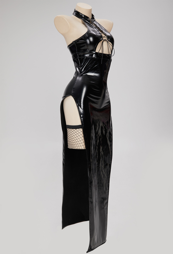 PRETTY CRAWLER Gothic Sexy Spider-web Design Dress Black Lace-up Hollow Chest Slit Dress