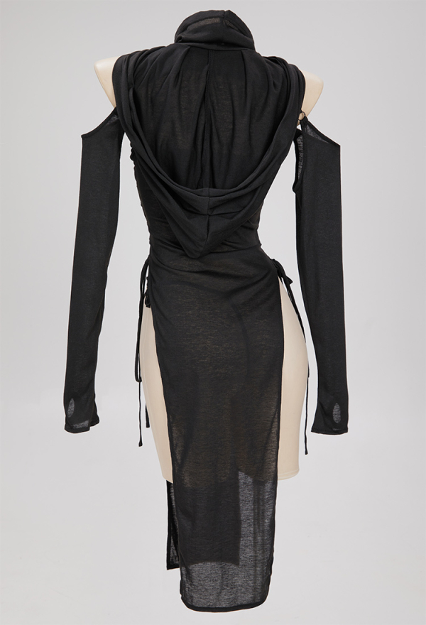 DARK BREATHE Sexy Ninja Style Lingerie Set Black Lace up Slit Dress and Hooded Top