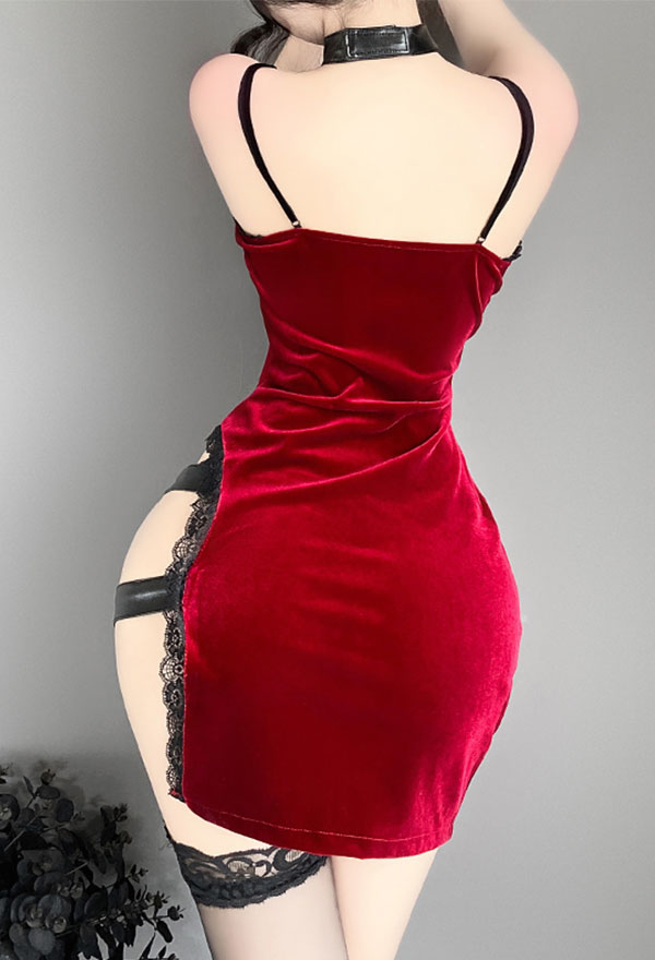 Sweet Killer Women Gothic Sexy Red High Slit Slip Dress with Gloves Choker Thong
