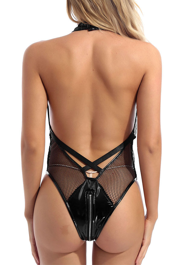Urge to Love Women Gothic Black Halter Deep V Neck Mesh Sheer Crotch Zipper Bodysuit