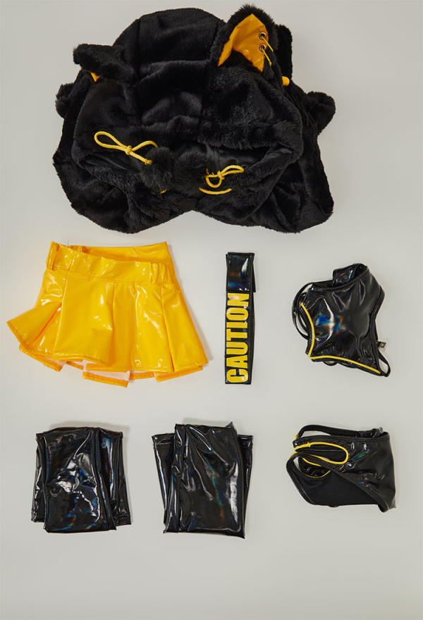 Fierce Fantasy Gothic Dark Yellow Maid Lingerie Set Black Sexy Bodysuit with Miniskirt and Stockings