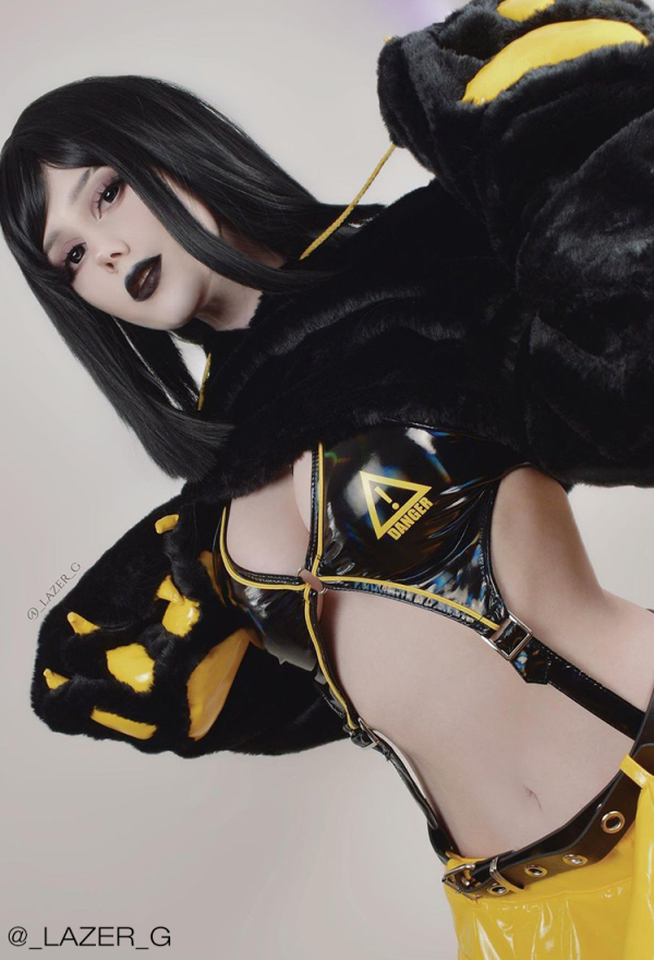 Fierce Fantasy Gothic Dark Yellow Maid Lingerie Set Black Sexy Bodysuit with Miniskirt and Stockings