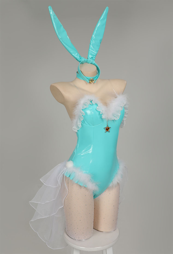Princess Bunny Girl Costume Set Blue Sexy Faux Leather Lingerie Set