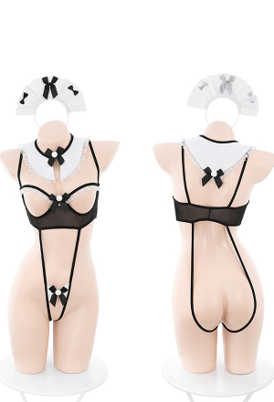 Sexy Lingerie Set Maid Style Bodysuit With Hollow Chest Design And Headband Stocking