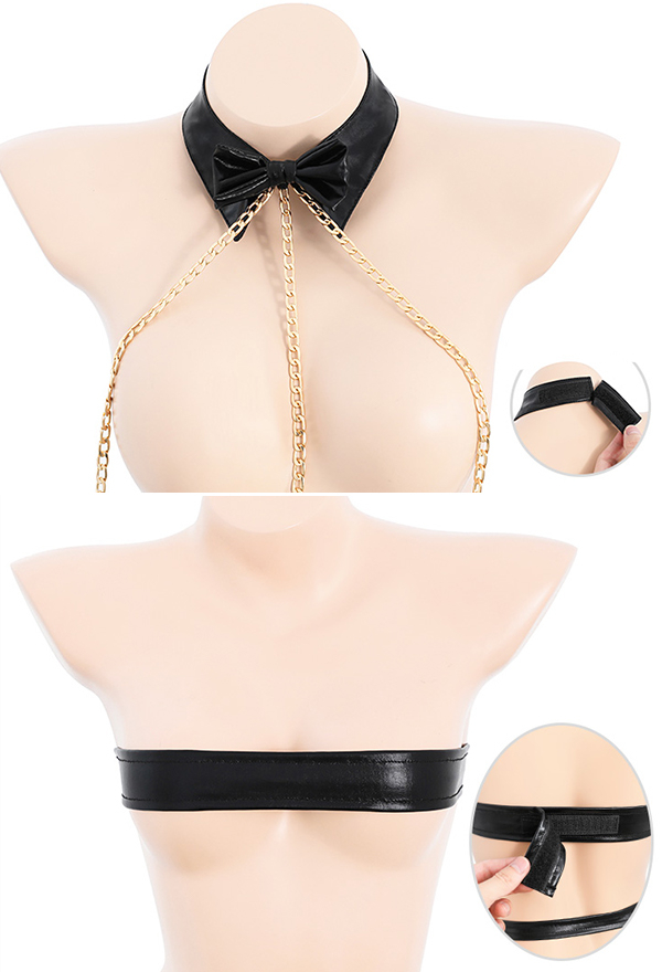 Woman Sexy Lingerie Black Patent Leather Bowknot Collar with Chain and Hand Ring Lingerie Set