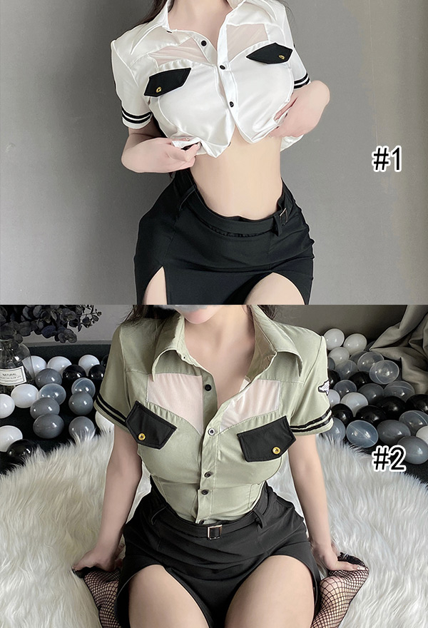 Sexy Commander Uniform Lingerie Set Tight Shirt Top Slit Bodycon Skirt Uniform
