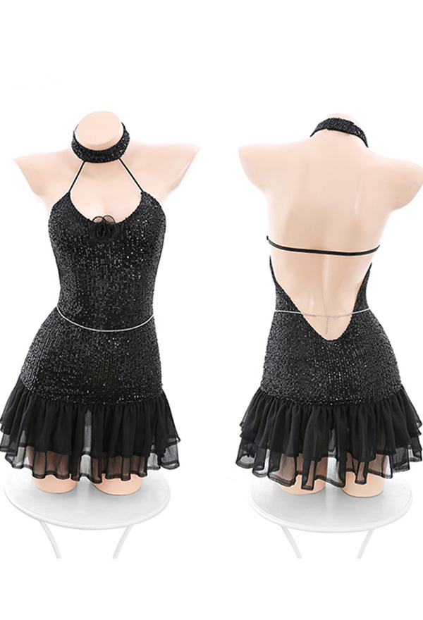 Sexy Black Sparkling Halter Dress Mesh Backless Lingerie Set with Waist Chain and Gloves