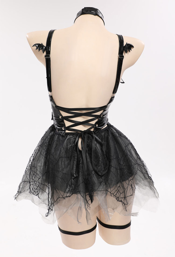 Gothic Sexy Halloween Dress Black Spider Web Design Lace-up Sexy Lingerie Set with Patent Leather Corset