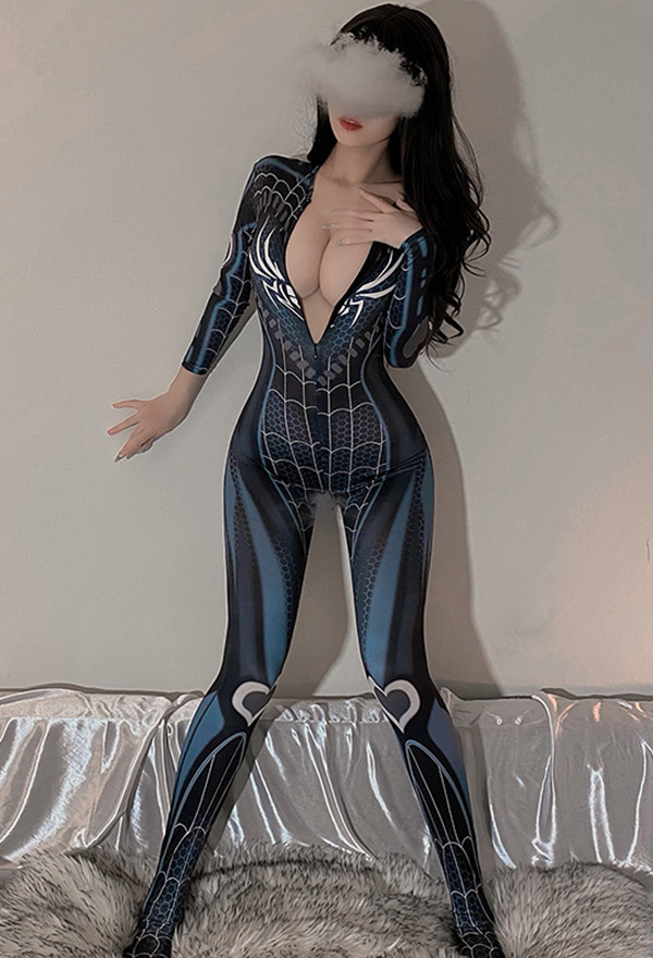 Dark Spider Sexy Bodysuit Blue and Black Spider Web Print Open Crotch Romper