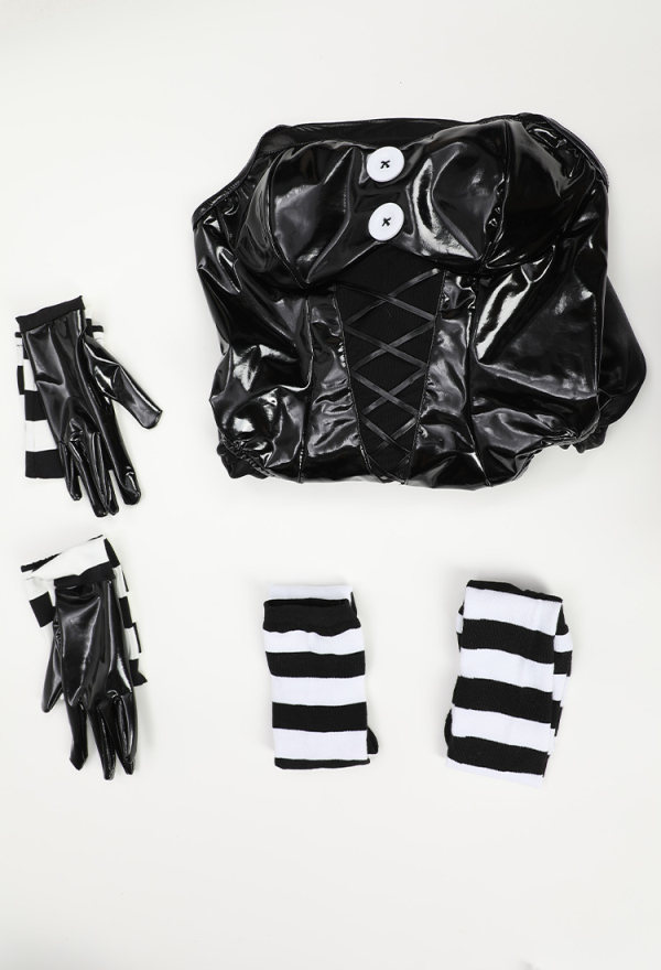 Sexy Black Halter Bodysuit Lingerie Set with Black White Striped Gloves and Thigh-High Stockings