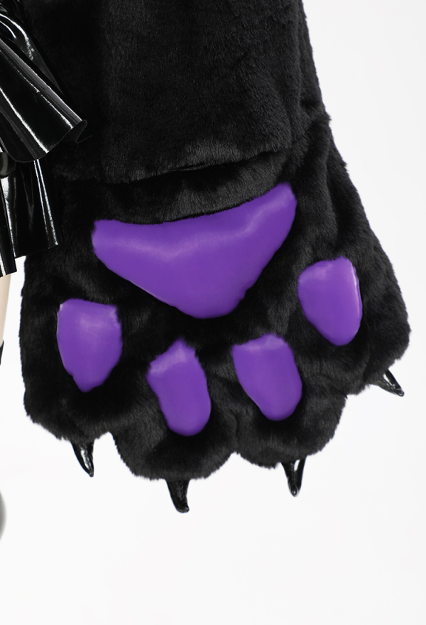 Gothic Sexy Lingerie Set Zipper Top and Thong Black Purple Short Hoodie with Furry Paw Gloves