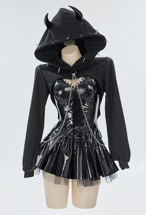 Sexy Gothic Lingerie Set Black Corset Top and Mini Skirt with Short Hoodie and Thigh-High Stockings