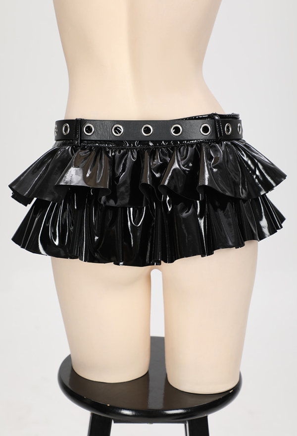 Gothic Style Skirt Black Shiny Leather Short Mini Skirt with Belt
