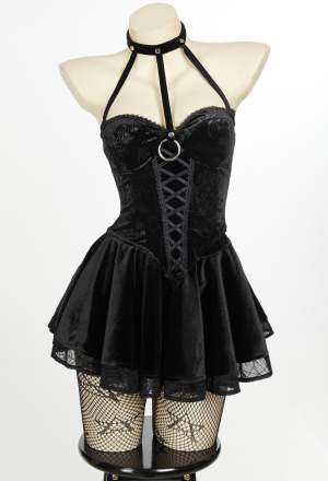 Gothic Camisole and Skirt Set Black Lace-up Sexy Style Top and Skirt with Net Stockings and Sleeves