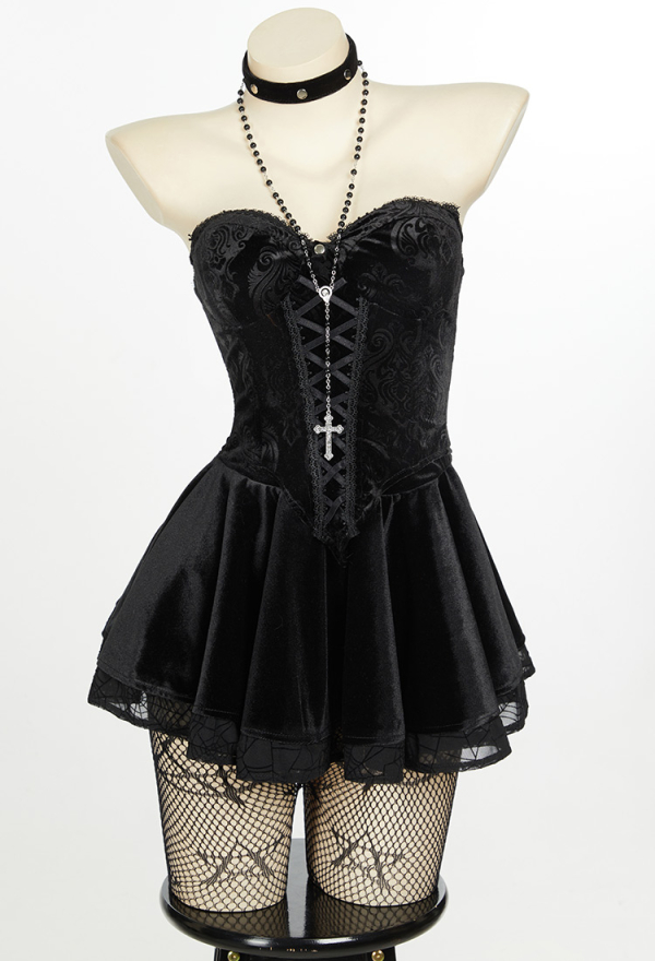 Gothic Camisole and Skirt Set Black Lace-up Sexy Style Top and Skirt with Net Stockings and Sleeves